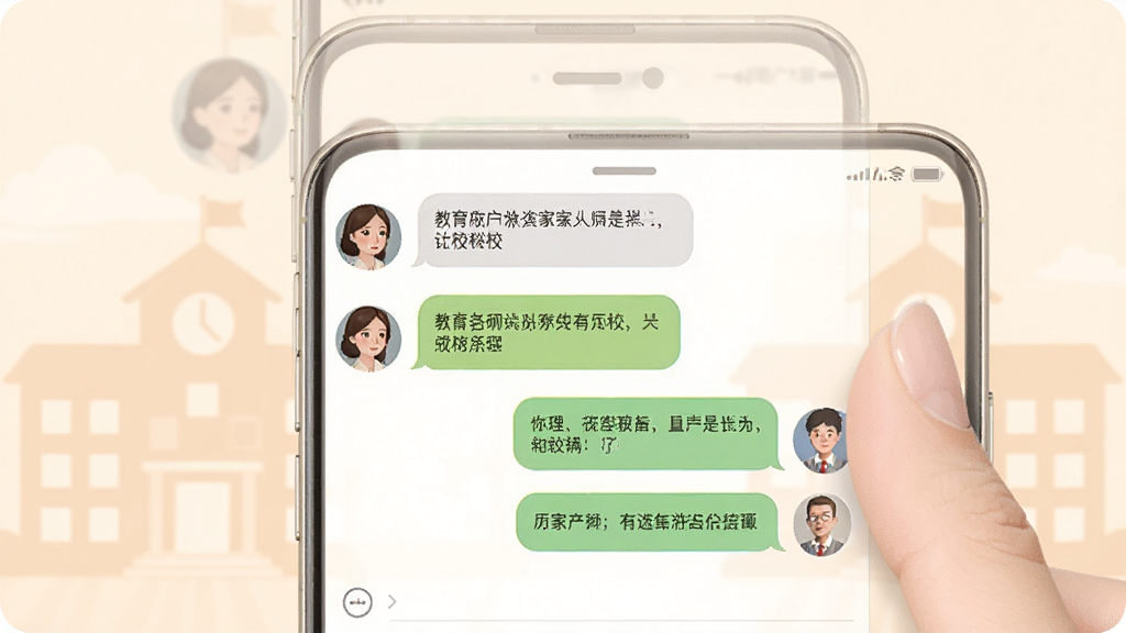 一张展示和教育家长版家校聊天界面的图片,画面中一部手机显示聊天对话窗口,左侧是老师头像和消息气泡,右侧是家长回复内容,背景有淡淡的学校建筑剪影,整体色调柔和温暖,画质清晰,干净无多余元素