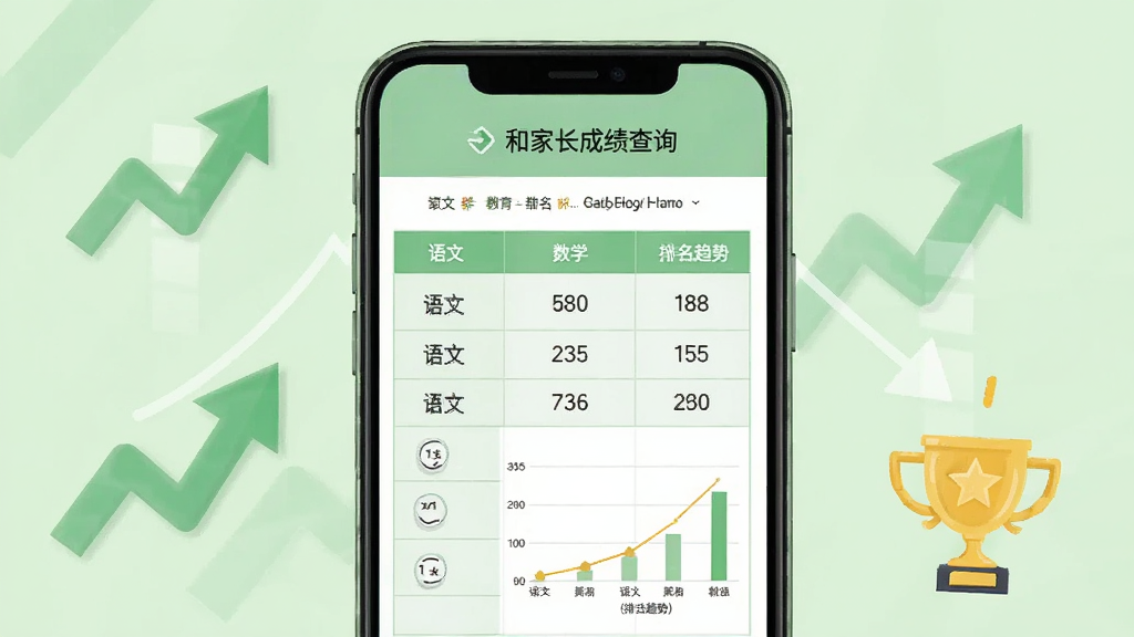 一张展示和教育家长版成绩查询页面的图片,画面中手机屏幕显示成绩单表格,包含语文、数学、英语等科目分数和排名趋势图,背景为淡绿色,有上升箭头和奖杯图标点缀,风格简洁明快,画质清晰,干净无多余元素