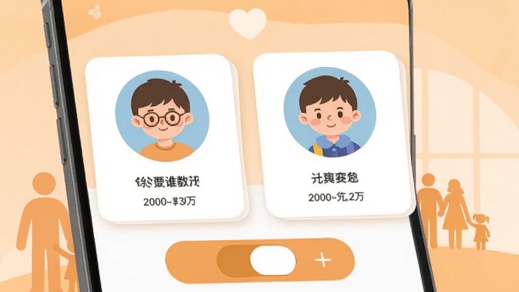 一张展示和教育家长版多孩子管理功能的图片,画面中手机屏幕显示两个学生头像卡片,分别标注不同姓名和班级,下方有切换按钮,背景为浅橙色,有家庭剪影元素,整体风格温馨友好,画质清晰,干净无多余元素