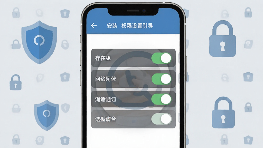 一张展示和教育家长版安装权限设置引导页面的图片,画面中手机屏幕显示权限管理界面,包含存储、网络、通知等权限开关,背景为浅灰色,有盾牌和锁的图标点缀,风格简洁安全,画质清晰,干净无多余元素