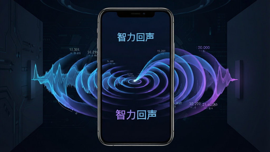 一张展示智力回声声波可视化模拟功能的图片,画面主体为手机屏幕显示彩色声波从一点向四周扩散并遇到墙壁反射的动态效果,声波用渐变的蓝紫色弧线表示,背景为深色科技风格,布局为手机居中展示,排版简洁,风格为现代科技教育类,细节上声波线条流畅、颜色层次分明、有频率标注,画质高清干净无多余元素,图片中打文字“智力回声”