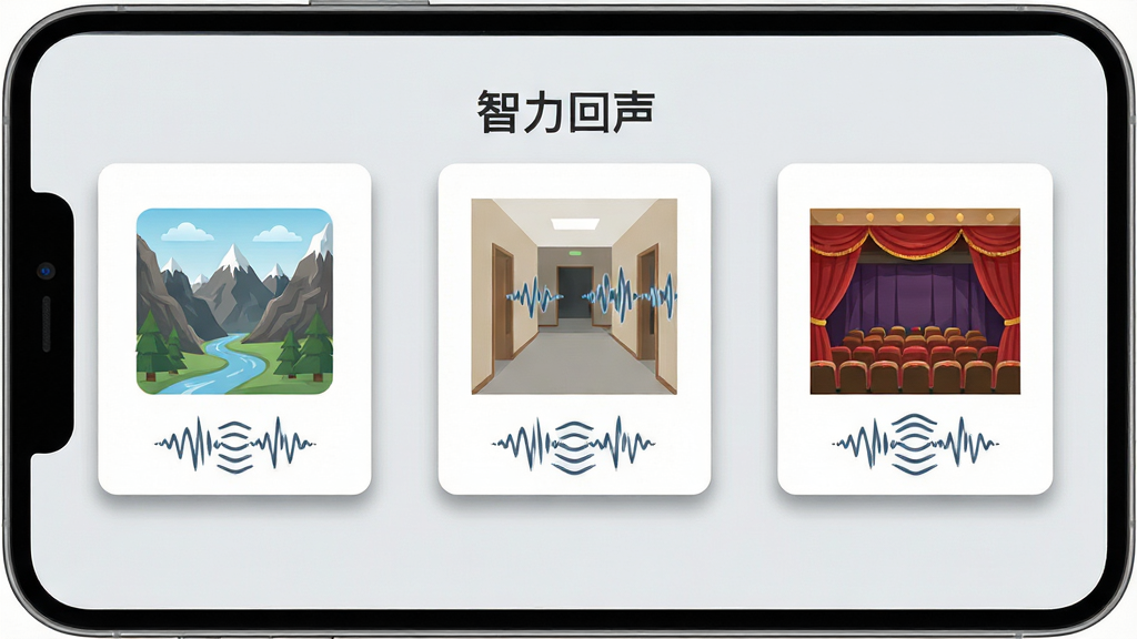 一张展示智力回声多场景回声实验功能的图片,画面左侧为山谷场景图标、中间为走廊场景图标、右侧为剧场场景图标,三个场景以卡片形式排列在手机屏幕内,每个卡片上有对应的声波反射示意图,背景为浅灰色简洁风格,布局为三列横向排列,排版整齐清晰,风格为扁平化教育类,细节上场景图标精致、声波示意清晰、卡片有轻微阴影,画质高清干净无多余元素,图片中打文字“智力回声”