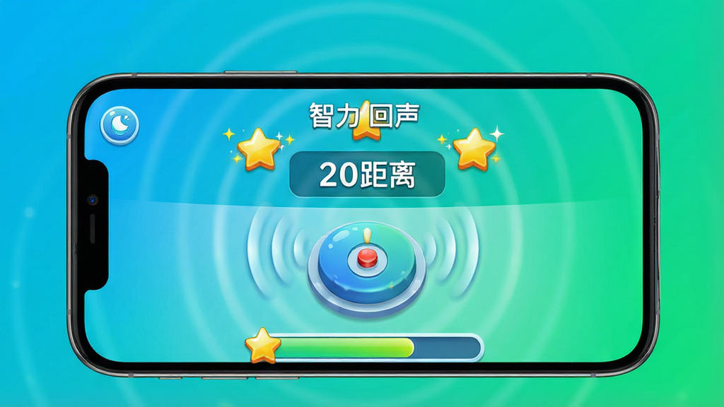 一张展示智力回声互动学习模式的图片,画面主体为手机屏幕显示回声测距任务界面,屏幕中有声波发射按钮、目标距离显示、得分星星等游戏化元素,背景为明亮活泼的蓝绿色渐变风格,布局为手机居中展示,排版活泼有趣,风格为游戏化教育类,细节上按钮立体感强、星星闪亮、进度条清晰,画质高清干净无多余元素,图片中打文字“智力回声”