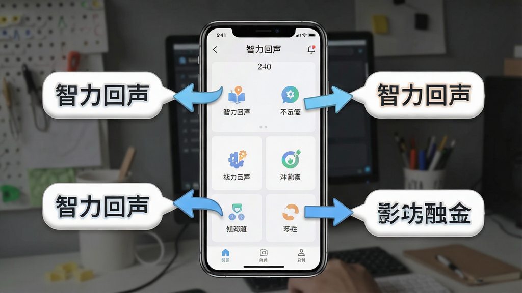 一张展示智力回声新手操作界面的图片,画面主体为手机屏幕显示软件主界面,屏幕中有清晰的功能区域标注和引导箭头,背景为浅色简洁风格,布局为手机居中展示、周围有引导文字气泡,排版清晰易读,风格为新手引导界面风格,细节上箭头指向明确、文字标注清晰、界面干净整洁,画质高清干净无多余元素,图片中打文字“智力回声”