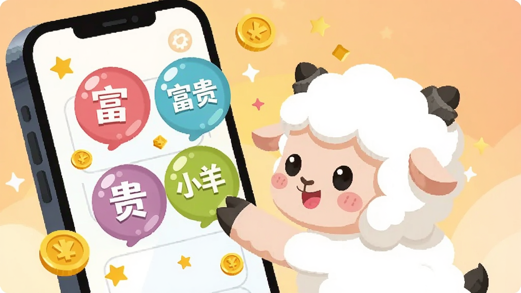 一只卡通小羊在手机屏幕前用爪子点击屏幕上的彩色气泡,气泡里写着“富贵小羊”四个字,屏幕周围有星星和金币飞出。背景为浅橙色渐变,风格为扁平插画,色彩活泼,细节干净,画质清晰,无多余元素。