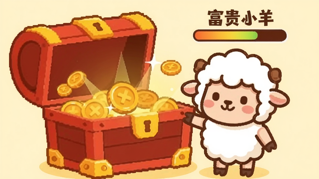 一只卡通小羊站在一个巨大的红色宝箱旁边,宝箱里冒出金光和金币,小羊头上有一个进度条,上方写着“富贵小羊”。背景为淡黄色,风格为卡通扁平化,色彩温暖,细节简洁,画质清晰,无多余元素。