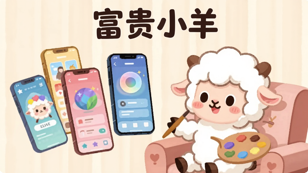 一只卡通小羊坐在沙发上,手里拿着调色盘,面前有多个不同颜色的手机界面悬浮在空中,每个界面风格不同。画面顶部有“富贵小羊”文字。风格为卡通扁平化,色彩丰富但柔和,细节干净,画质清晰,无多余元素。