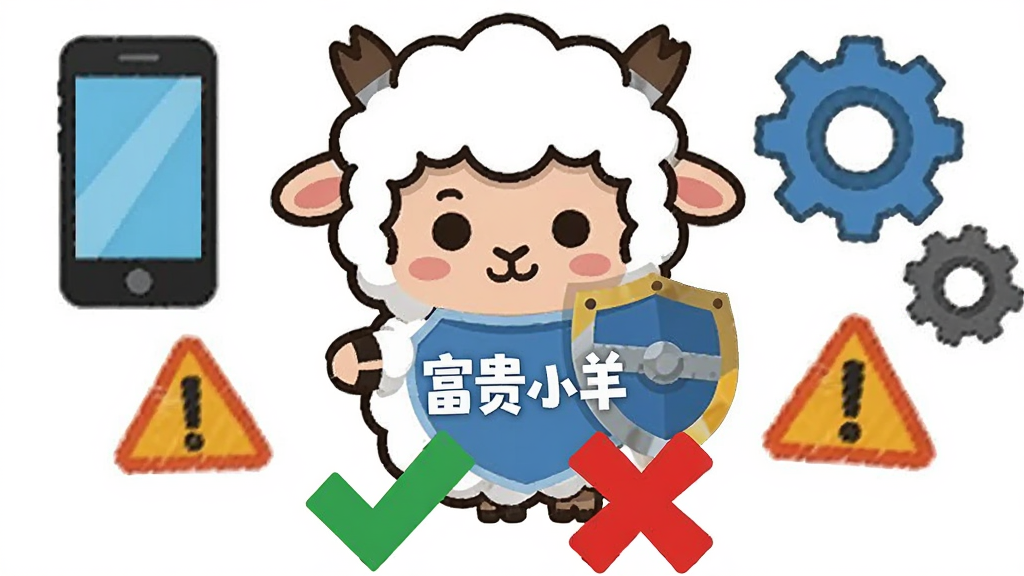 一只卡通小羊拿着盾牌,盾牌上写着“富贵小羊”,周围有手机图标、齿轮图标和警告图标,画面下方有一条绿色的对勾和一条红色的叉号。风格为扁平化卡通,色彩对比清晰,细节干净,画质清晰,无多余元素。