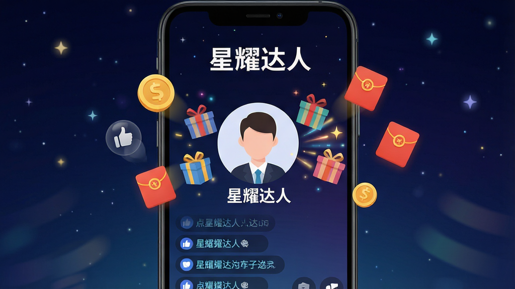 手机屏幕中展示直播互动界面,画面中央是主播头像和礼物特效,旁边漂浮着金币和红包图标,背景是深色星空渐变,整体布局简洁明快,风格为扁平化科技感,细节包括点赞动画和弹幕滚动条,画质高清,干净,无多余元素,画面中打文字“星耀达人”