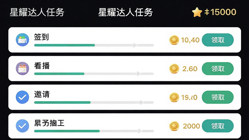 任务中心页面,列表展示签到、看播、邀请等任务条目,每条任务右侧有金币数字和领取按钮,顶部显示累计收益,布局为纵向卡片列表,风格为清新简约,细节包括进度条和勾选图标,画质高清,干净,无多余元素,画面中打文字“星耀达人任务”