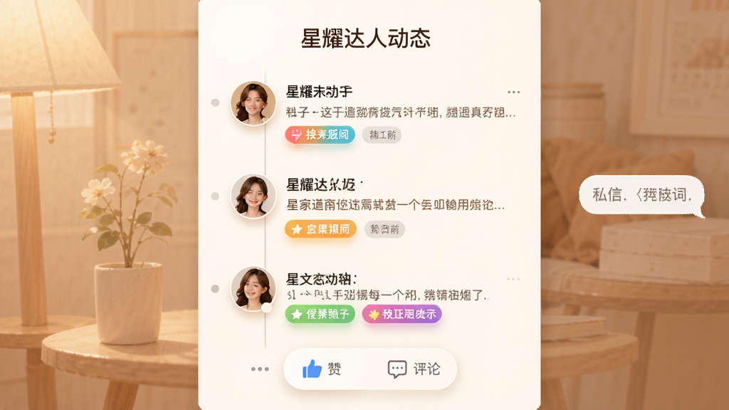 社交动态页面,用户头像和文字动态排列在时间线上,下方有点赞和评论图标,画面右侧有私信聊天气泡,布局为居中单列,风格为温暖社交风,细节包括柔和阴影和彩色标签,画质高清,干净,无多余元素,画面中打文字“星耀达人动态”
