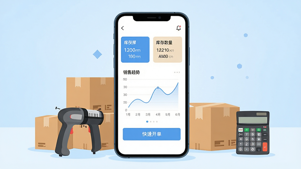 销快帮进销存手机应用主界面展示,画面中央是一部竖屏智能手机,屏幕上显示进销存管理仪表盘,包含库存数量卡片、销售趋势折线图、快捷开单按钮,手机周围环绕商品纸箱、扫码枪、计算器等商务元素,整体布局居中对称,背景为浅蓝色渐变干净背景,风格为扁平化商务插画,细节清晰,画质高清,干净,无多余元素