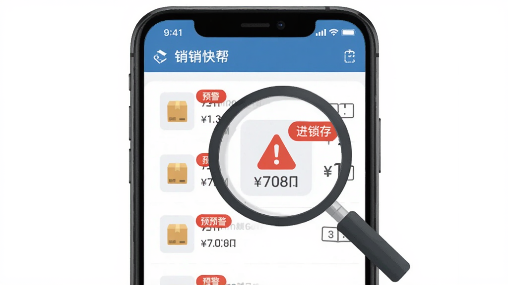 销快帮进销存库存预警提示界面,手机屏幕显示商品列表,部分商品旁边带有红色预警标签与库存数量,画面中有放大镜聚焦在预警图标上,布局为居中构图,风格为扁平化图标插画,细节清晰,画质高清,干净,无多余元素