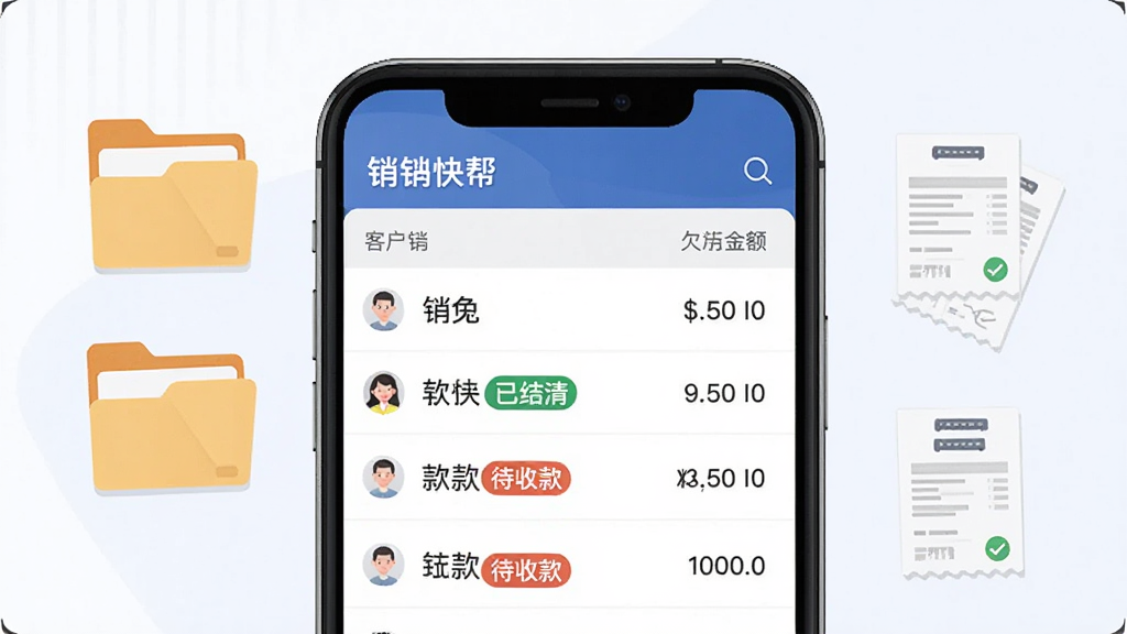 销快帮进销存客户欠款管理界面,手机屏幕显示客户列表与欠款金额,部分客户名称旁有已结清或待收款的标签,画面中有文件夹与账单图标点缀,布局为上下结构,风格为扁平化商务插画,细节清晰,画质高清,干净,无多余元素