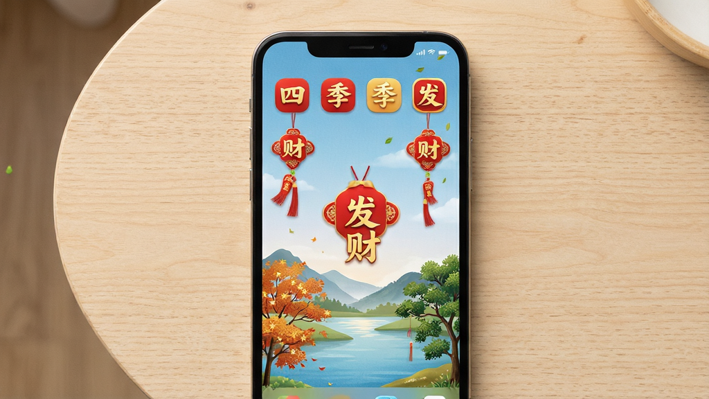 一张手机桌面展示图,画面中央放置一部竖屏智能手机,手机屏幕显示“四季发财”主题桌面,包含红金配色的图标、四季风景壁纸、吉祥文字挂件,背景为浅色木质桌面,整体布局简洁明了,风格喜庆温馨,细节清晰可见图标圆角与壁纸纹理,画质高清,干净,无多余元素