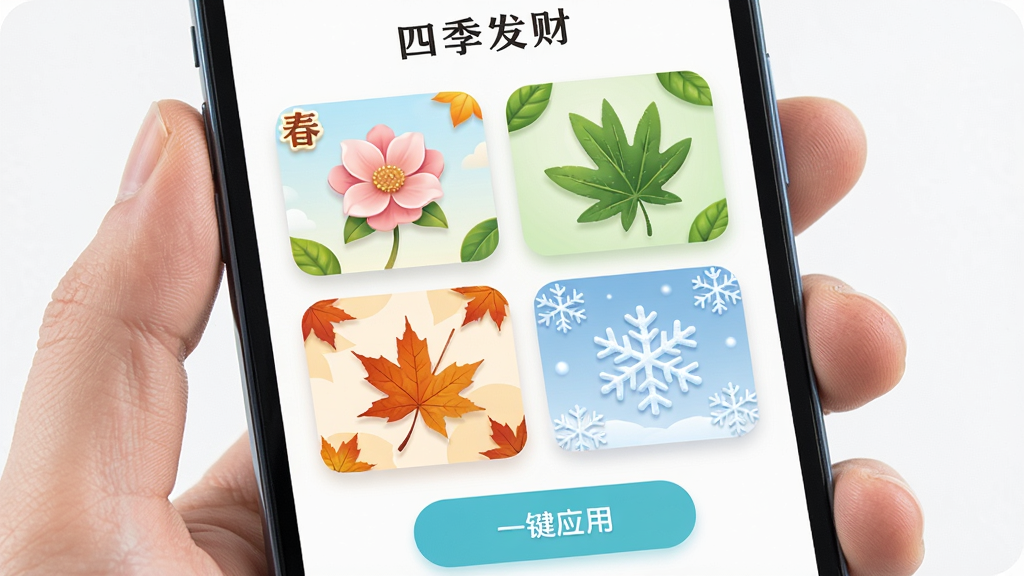 一部手机屏幕显示“四季发财”应用主界面,界面中排列着四张主题卡片,分别对应春、夏、秋、冬四个季节,卡片上有对应的花卉、绿叶、枫叶、雪花图案,底部有“一键应用”按钮,布局为上下结构,风格清新明快,细节可见卡片圆角与阴影,画质高清,干净,无多余元素
