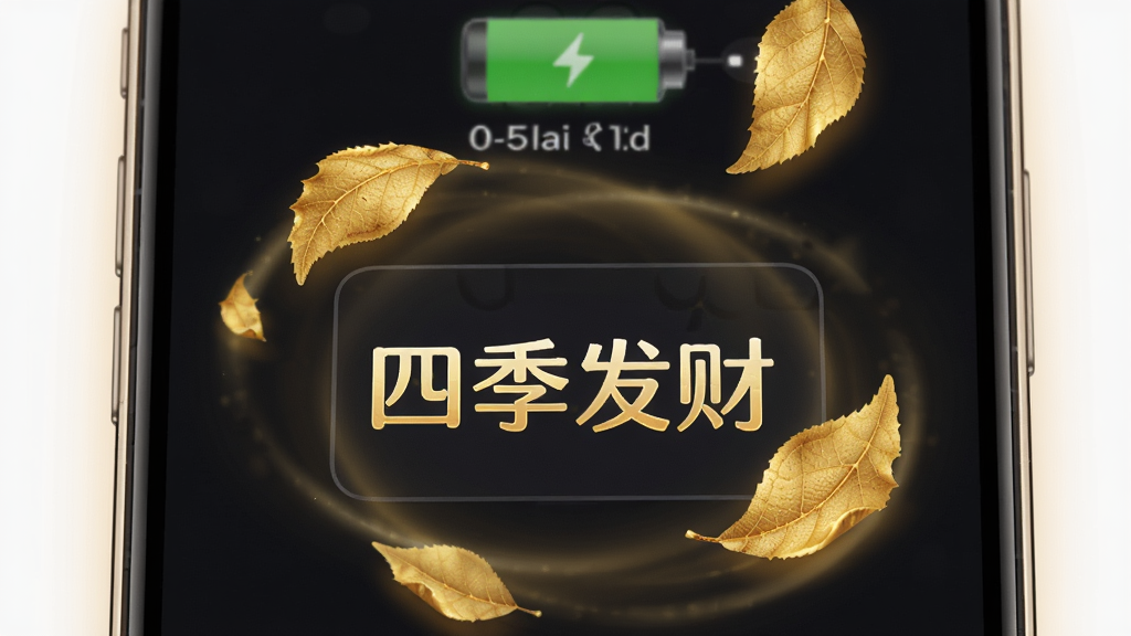手机充电场景特写,手机屏幕显示“四季发财”充电动画,画面中有金色叶片旋转飘落,背景为深色充电界面,手机周围有微弱光晕,布局居中,风格梦幻精致,细节可见叶片纹理与光影过渡,画质高清,干净,无多余元素