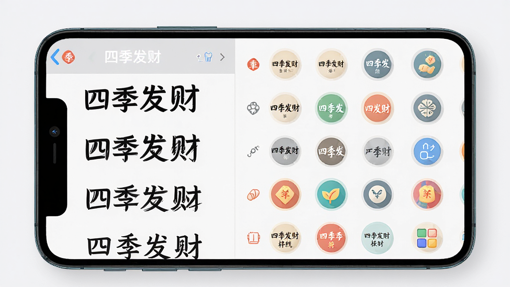 手机屏幕显示“四季发财”字体与图标选择界面,左侧是字体预览列表,右侧是图标网格预览,界面中可见多种字体样式和圆形图标,布局为左右分栏,风格简洁清爽,细节可见字体笔画与图标线条,画质高清,干净,无多余元素
