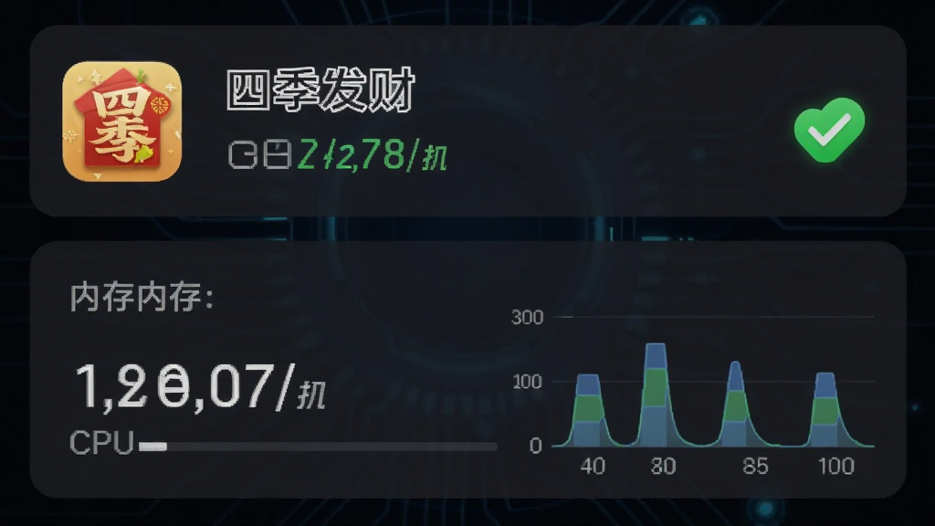 手机性能监控界面截图风格,画面中显示“四季发财”应用占用内存和CPU的数值,数值较低,旁边有绿色对勾标识,背景为深色科技感界面,布局为上下结构,风格专业简洁,细节可见数字与图表,画质高清,干净,无多余元素