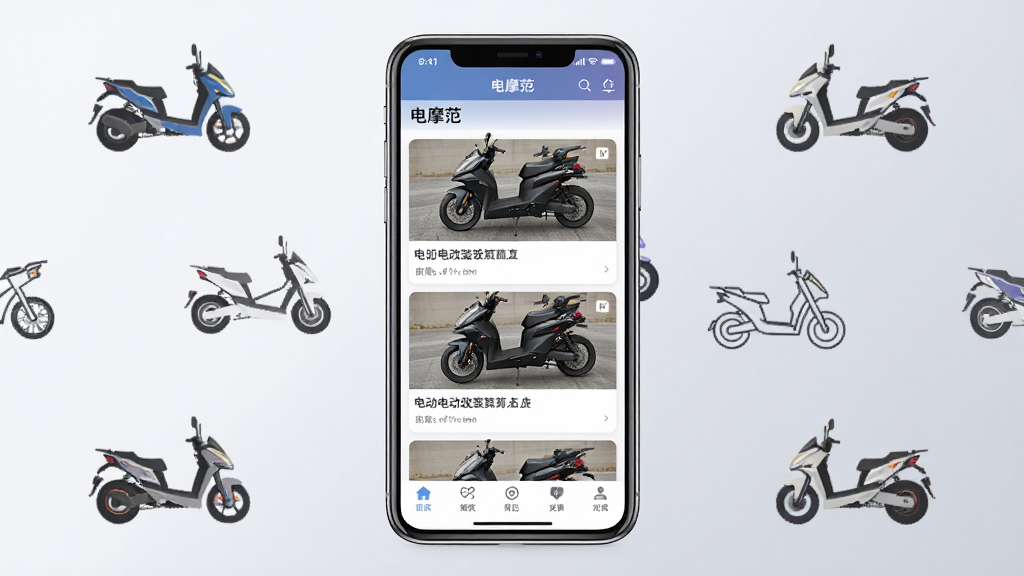 一张展示电摩范软件主界面的手机屏幕预览图,画面中央放置一部竖屏智能手机,屏幕内显示电摩范APP的社区首页,包含电动摩托车改装案例卡片和底部导航栏,背景为浅灰色渐变,周围点缀简约的电动车线条图标,风格为扁平化科技感,细节清晰,画质干净,无多余元素,图片中文字标注“电摩范”