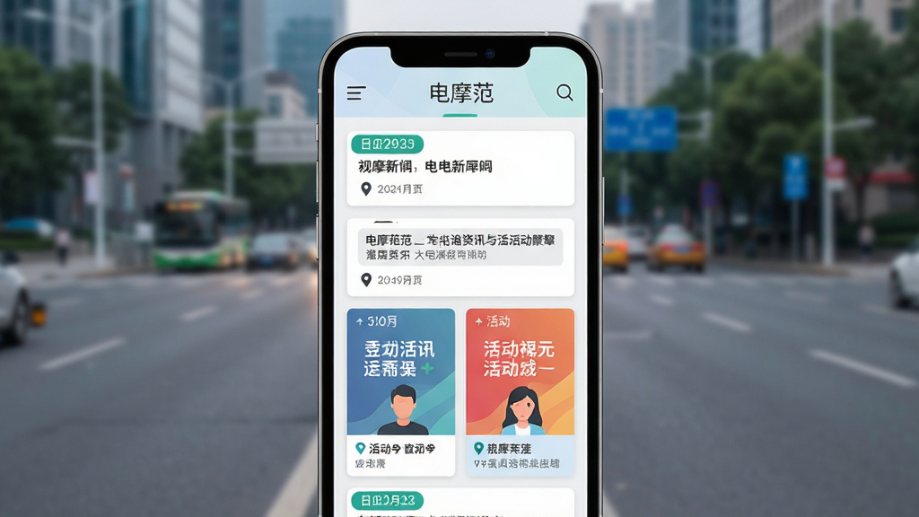 一张电摩范资讯与活动聚合页面的展示图,画面为手机屏幕内排列着新闻卡片和活动海报,卡片上有日期标签和地点标注,背景为城市道路虚化场景,风格为现代扁平化设计,排版整齐,画质干净明亮,图片中文字标注“电摩范”