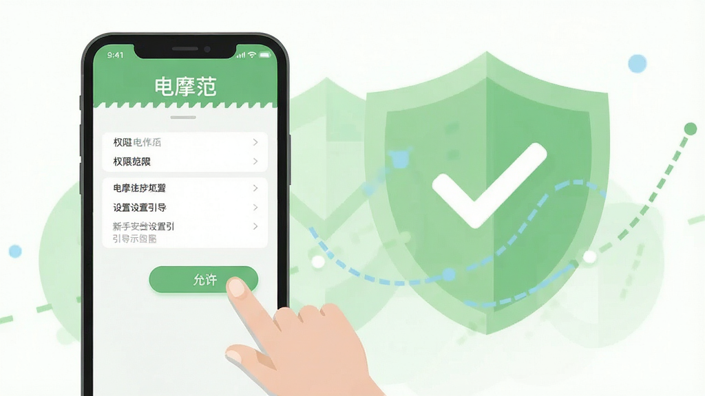 一张电摩范新手安装设置引导示意图,画面为手机屏幕显示权限设置界面,旁边有手指点击“允许”按钮的动作示意,背景为浅绿色安全盾牌图标,风格为扁平化教程插画风,细节简洁,画质干净,图片中文字标注“电摩范”