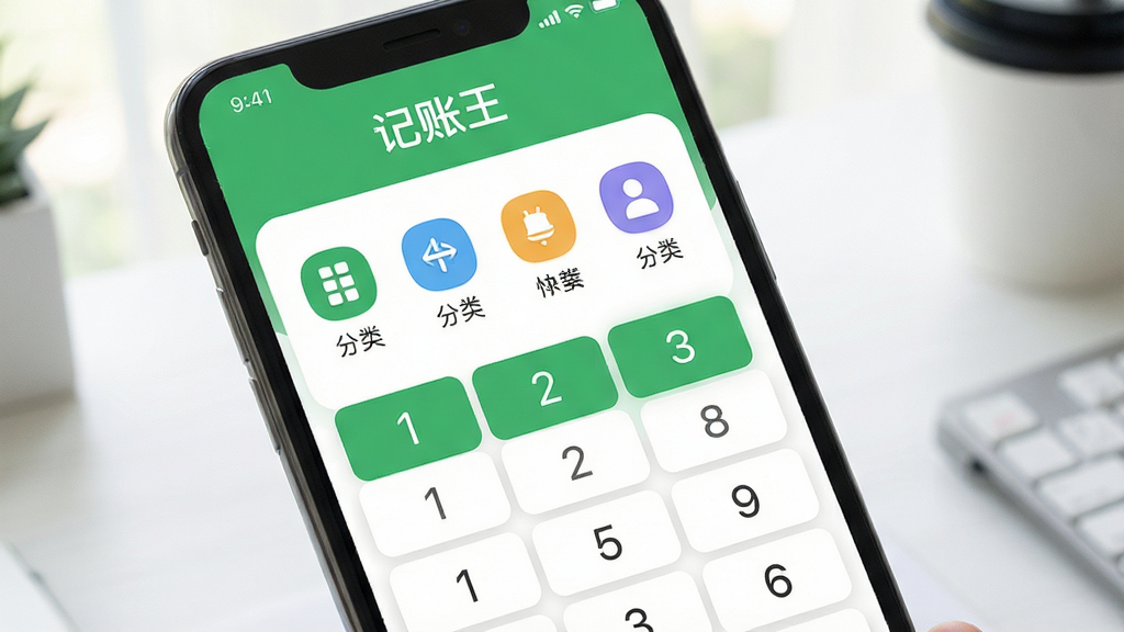 记账王 快速记账界面 数字键盘 分类图标 清新绿色调 手机屏幕展示 简洁布局 高清画质
