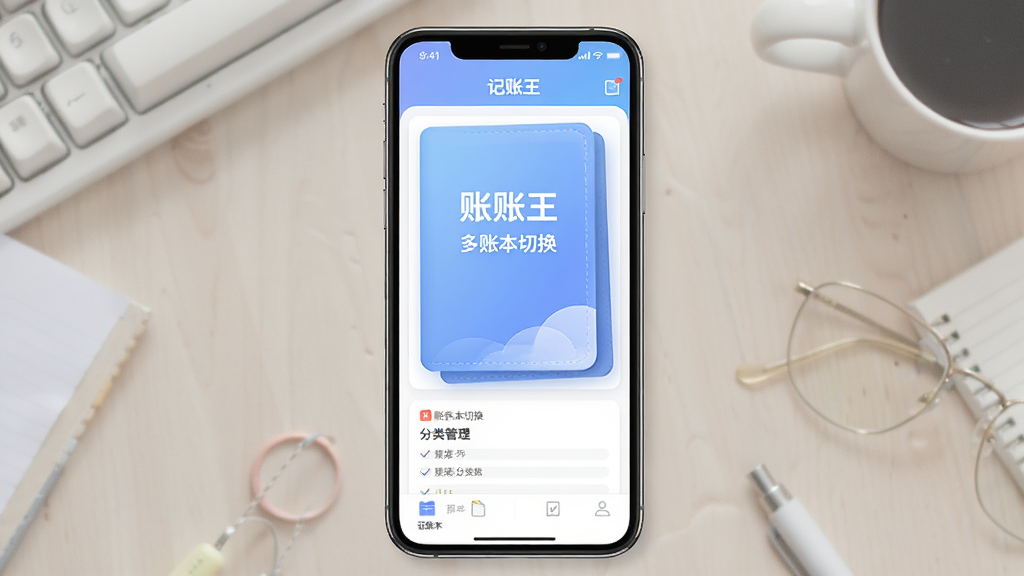 记账王 多账本切换 账本封面 分类管理 柔和蓝色渐变 卡片式布局 手机应用界面 高清画质
