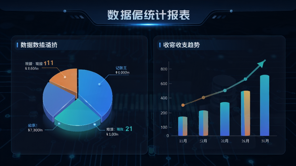 记账王 数据统计报表 饼图 柱状图 收支趋势 专业财务图表 深色背景 科技感 高清画质
