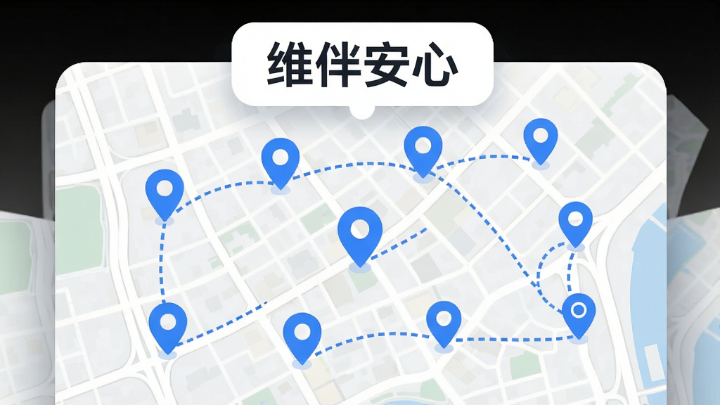 画面展示一张城市地图,地图上有多个蓝色定位标记点与虚线连接的移动轨迹,地图上方悬浮着