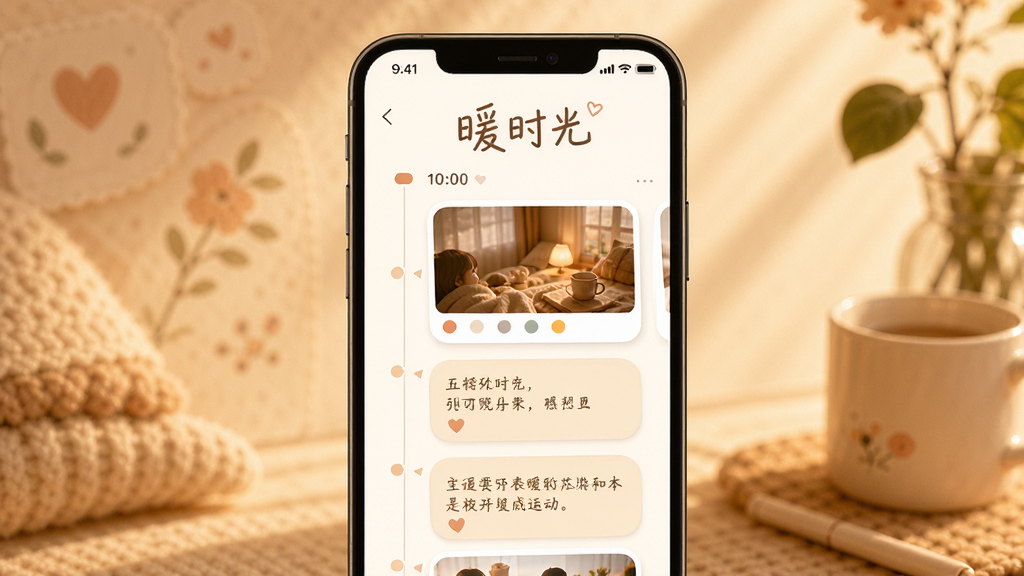 整体概括暖时光软件全貌。主体是一个温馨的手机应用界面,布局为居中展示手机屏幕,屏幕内显示时间轴记录页面,有照片卡片和文字便签。排版简洁,风格温暖治愈,细节包括柔和的暖色调背景、圆角卡片、手写字体标题“暖时光”。画质高清,干净,无多余元素。