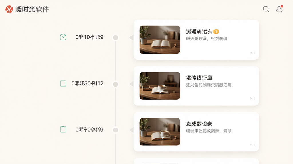 主体为暖时光软件的时间轴界面。布局采用纵向时间线,左侧为时间节点,右侧为记录卡片。排版清晰有序,风格清新简约,细节包括卡片上展示小图片和简短文字,背景为米白色。画质高清,干净,无多余元素。