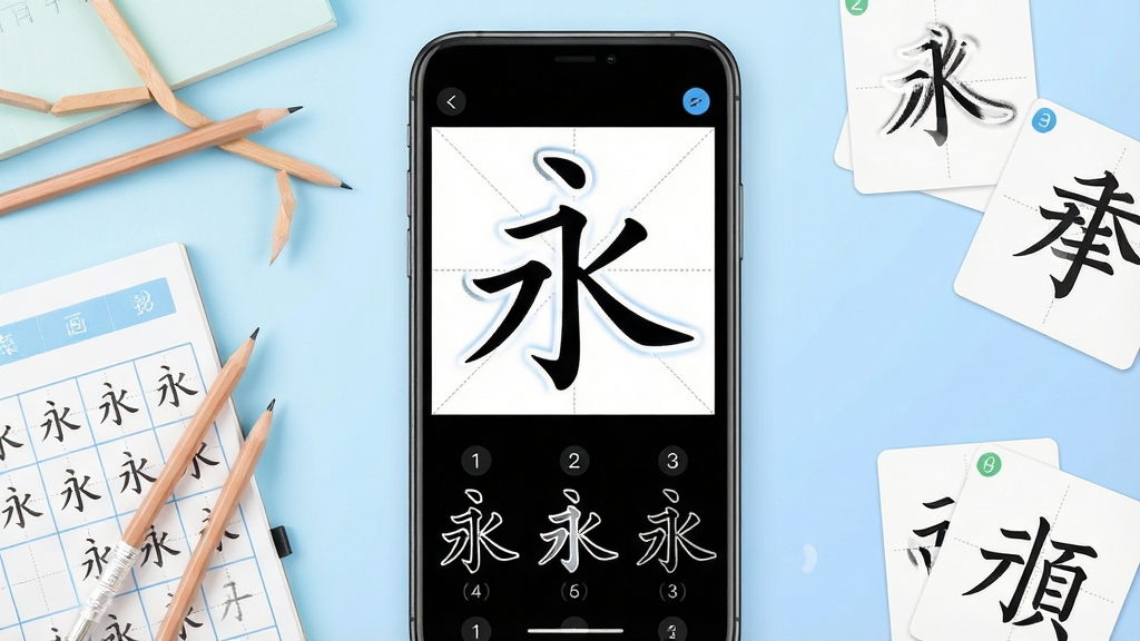 一张展示笔顺笔画大全软件界面的图片,画面中央是手机屏幕,屏幕内显示一个田字格中正在动态书写汉字“永”的笔顺动画,田字格下方排列着笔画顺序的分解图示,手机周围环绕着铅笔、田字格练习本、汉字卡片等学习用品,背景是柔和的浅蓝色渐变,整体风格干净整洁,画质清晰明亮,无多余元素