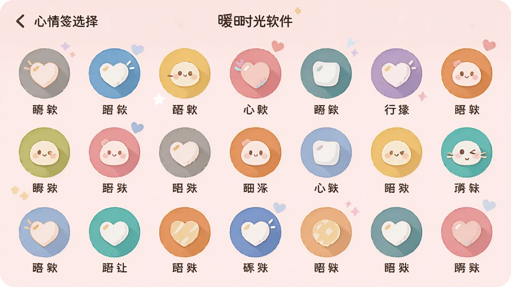 主体为暖时光软件的心情标签选择界面。布局为网格状图标排列,每个图标代表一种心情。排版整齐,风格可爱温馨,细节包括彩色圆形图标和下方文字标签,背景为浅粉色。画质高清,干净,无多余元素。