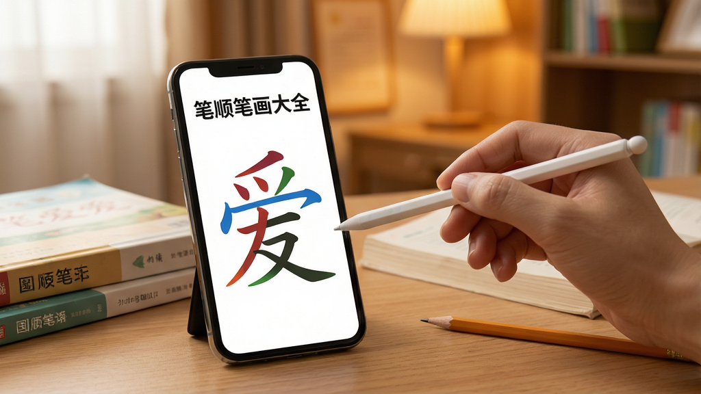 笔顺笔画大全软件功能展示图,画面中一部手机放置在书桌上,手机屏幕显示“笔顺笔画大全”字样和汉字“爱”的逐笔动画演示,每一笔用不同颜色区分,屏幕旁边有一只手握着触控笔指向屏幕,书桌上散落着几本语文课本和一支铅笔,背景是温馨的暖色调书房环境,风格写实自然,画质高清,干净无杂物