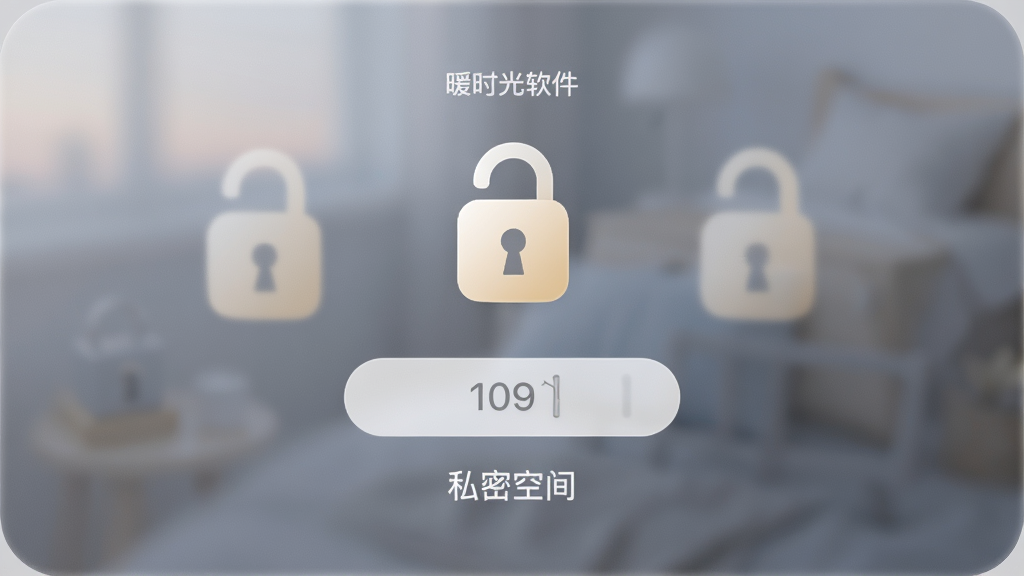 主体为暖时光软件的私密空间解锁界面。布局为居中显示锁形图标和密码输入框。排版简洁,风格安全稳重,细节包括磨砂玻璃效果背景和“私密空间”文字,画质高清,干净,无多余元素。