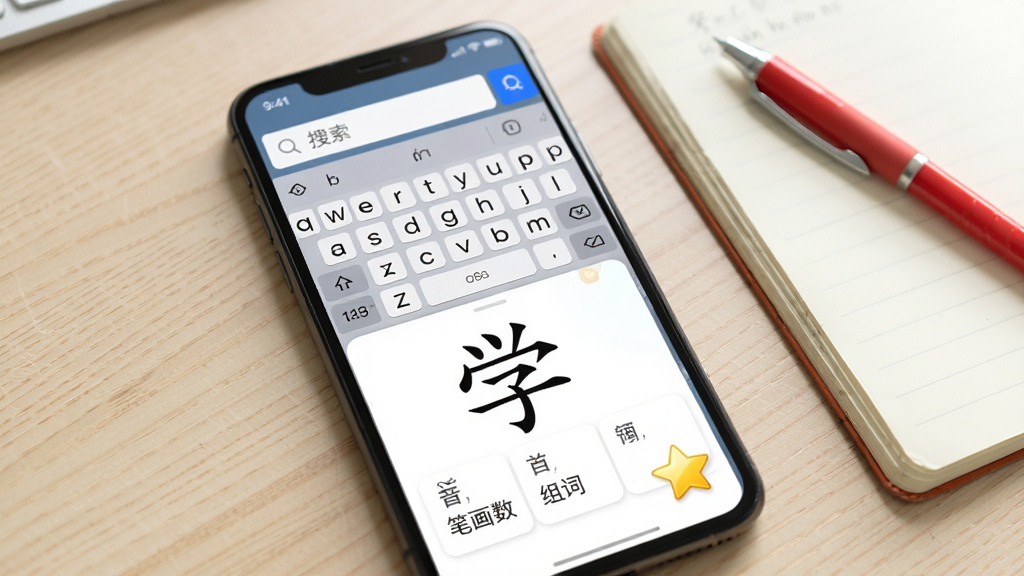 笔顺笔画大全界面截图展示汉字查询与收藏功能,画面主体是一部智能手机,屏幕分为上下两部分,上半部分显示搜索框和拼音键盘,下半部分展示汉字“学”的详细信息卡片,包括拼音、部首、笔画数和组词,卡片右下角有一个金色的收藏星标,手机旁放着一本翻开的笔记本和一支红色圆珠笔,背景为浅木色桌面,光线柔和,画质清晰