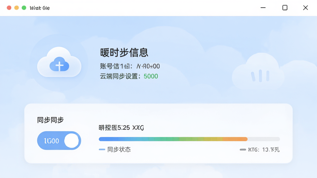 主体为暖时光软件的云端同步设置页面。布局为上下结构,上方为账号信息,下方为同步开关和进度条。排版清晰,风格科技感与温馨感结合,细节包括云朵图标和同步状态文字,背景为淡蓝色。画质高清,干净,无多余元素。