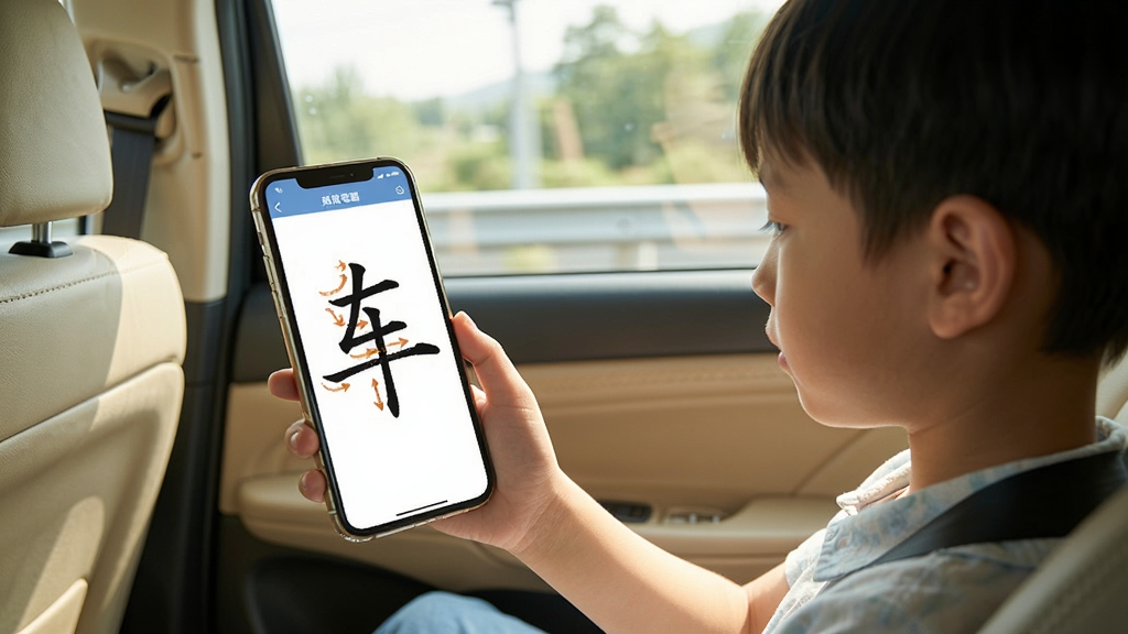 笔顺笔画大全离线使用场景图,画面中一个小学生坐在汽车后座,手里拿着手机正在查看笔顺笔画大全的离线查询界面,手机屏幕显示汉字“车”的笔顺动画,车窗外的风景快速掠过,车内光线明亮,画面风格清新自然,画质细腻,无多余装饰元素