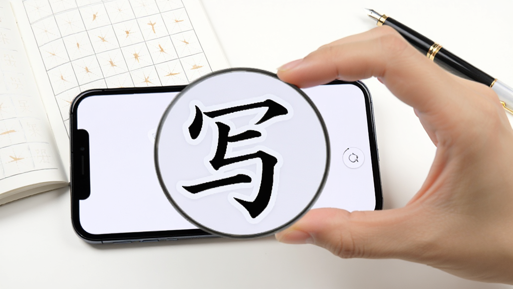 笔顺笔画大全使用技巧示意图,画面中一部手机横屏放置,屏幕显示汉字“写”的笔顺动画被双指放大的效果,手机旁边有一只手正在做捏合手势,背景是简洁的白色桌面,桌面上有一本打开的田字格练习本和一支钢笔,整体风格干净清爽,画质明亮,无多余元素