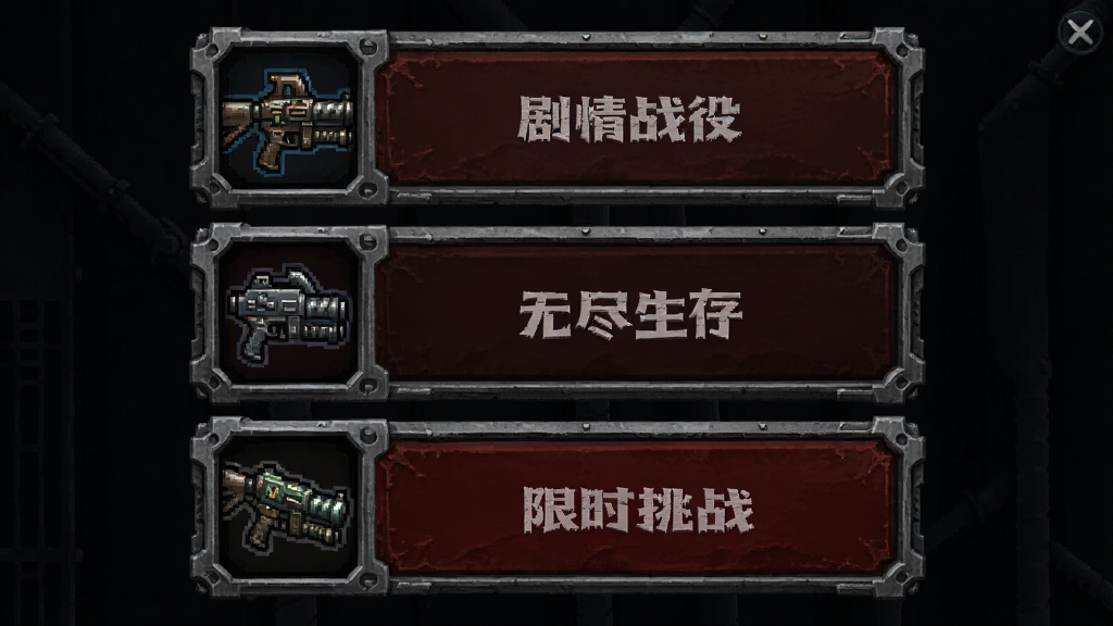 战锤40K:爆矢枪Boom多模式选择界面图,画面展示三个模式入口图标分别为剧情战役、无尽生存、限时挑战,布局为竖版列表式,风格为哥特科幻UI风格,细节包括像素化图标、金属边框、暗红色高亮按钮,画质清晰干净,无多余元素