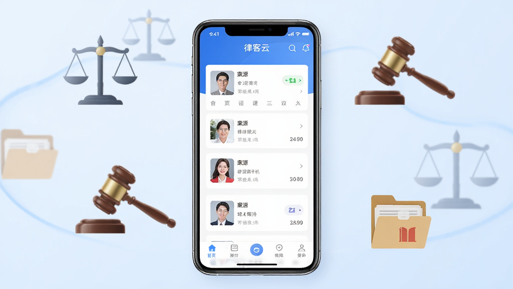 律客云手机应用界面展示,画面中央是一部智能手机,屏幕上显示律客云APP首页,包含案源列表卡片和底部导航栏,背景为简洁的浅蓝色渐变,周围环绕法律相关元素如图标化的天平、法槌、文件袋等,整体风格清新专业,排版居中对称,细节清晰,画质干净,无多余元素,适合软件下载站展示用途