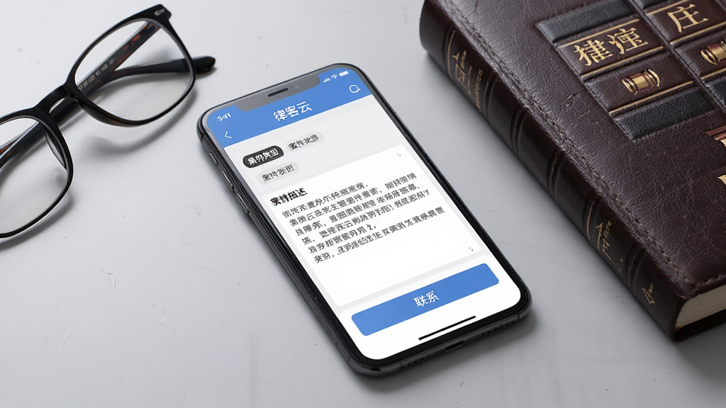 律客云案件详情页面展示图,画面中一部手机特写,屏幕显示律客云APP的案件详情页,包含案件类型标签、案情描述文字区域、联系按钮等界面元素,手机旁边放着一副眼镜和一本法律手册,背景为浅灰色桌面,风格简约商务,排版干净整洁,画质清晰,无多余元素