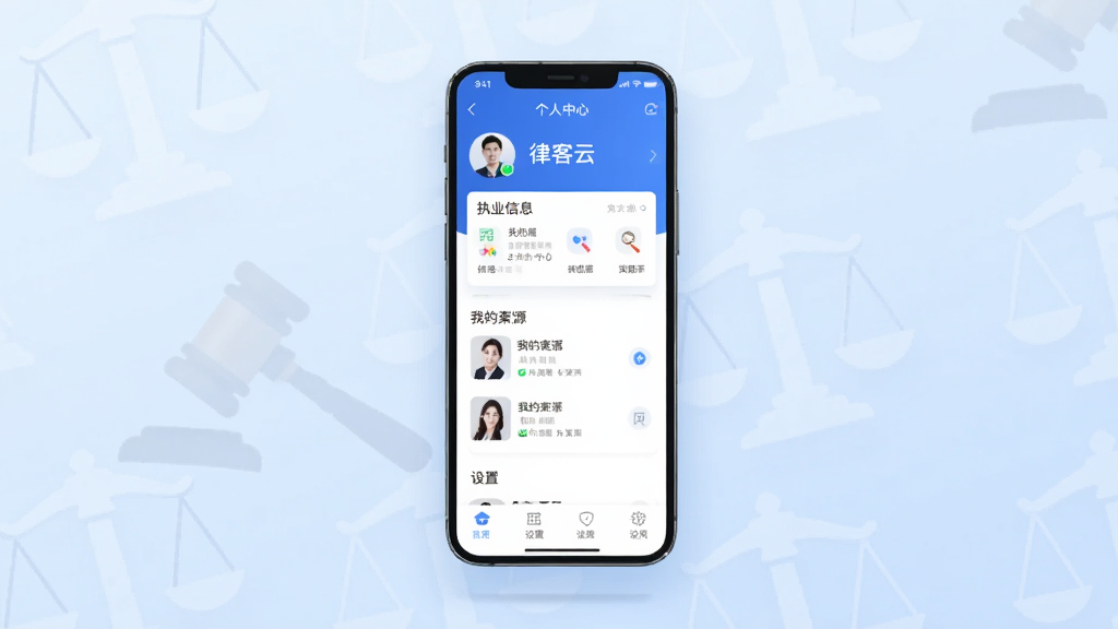律客云个人中心界面概念图,画面展示手机屏幕内律客云APP的个人中心页面,包含头像、执业信息卡片、我的案源列表、设置选项等模块,手机悬浮在画面中央,背景为淡蓝色渐变加法律图标底纹,风格现代简洁,排版整齐,画质干净,无多余元素