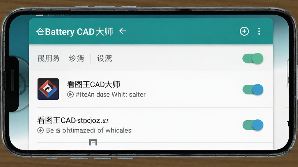 一张展示看图王CAD大师在手机后台运行设置的图片,主体为安卓手机设置界面中电池优化白名单列表,看图王CAD大师图标在列。布局为手机屏幕截图样式,背景为纯色,风格为实用教程截图风,细节包括设置开关的高亮状态和清晰的文字菜单,画质为高清,干净无多余元素。