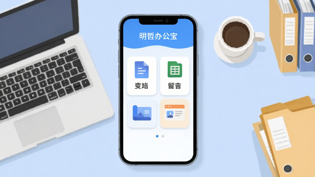 画面中央展示一部智能手机,屏幕内呈现明哲办公宝软件主界面,包含文档、表格、演示三大功能卡片,背景为浅蓝色办公桌面,桌面摆放笔记本电脑、咖啡杯与文件夹,构图采用居中俯视视角,风格为简约扁平化插画,细节包括图标圆角处理与柔和阴影,画质清晰干净,无多余元素