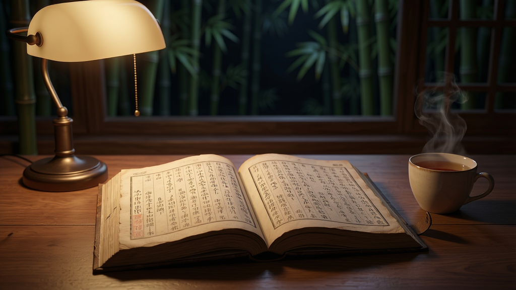 一本打开的古书平铺在木质书桌上,书页上显示整齐的中文排版文字,书桌旁放着一盏暖色台灯和一杯热茶,窗外是夜色中的竹林,画面风格为写实静物摄影,细节包括书页的纸张纹理、台灯的光晕、茶杯上方的热气,画质为4K高清、画面干净、无多余元素