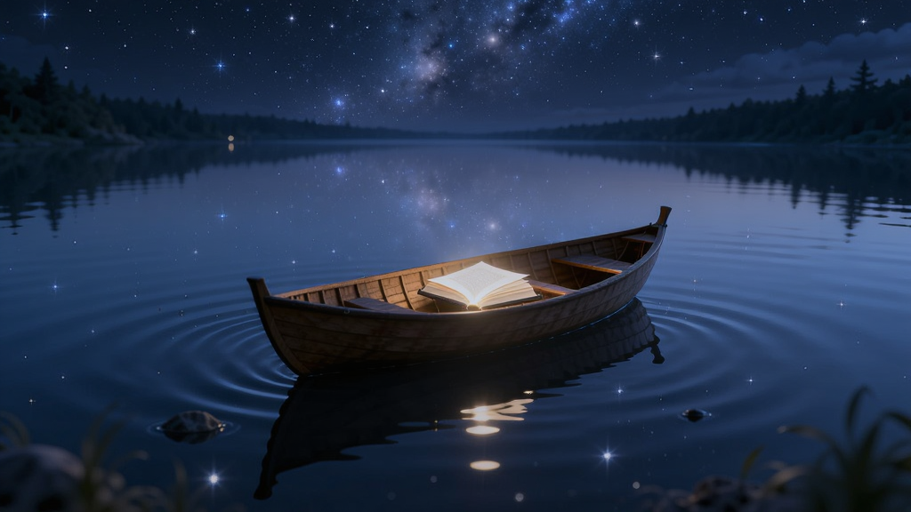 一片宁静的湖面倒映着星空,湖中央有一叶扁舟,舟上放着一本发光的书,画面风格为梦幻唯美插画,细节包括水面的涟漪、星空的倒影、书本散发的柔和光芒,画质为4K高清、画面干净、无多余元素