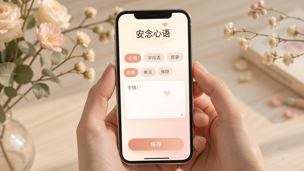 安念心语APP主界面展示,手机屏幕中显示柔和暖色调的心情记录页面,页面顶部有安念心语文字标识,中部有心情标签选择区域和文字输入框,底部有保存按钮,背景为淡雅的米白色与浅粉色渐变,风格温馨治愈,细节精致,画质清晰,干净无多余元素