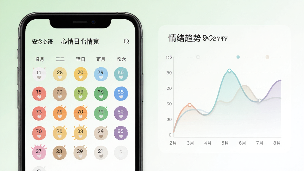 安念心语心情趋势回顾功能展示,手机屏幕中显示彩色心情日历和柔和的情绪曲线图,日历上用不同颜色标记每天的心情状态,曲线图呈现起伏变化,界面风格清新简约,背景为淡绿色与白色渐变,细节清晰,画质优良,干净无多余元素